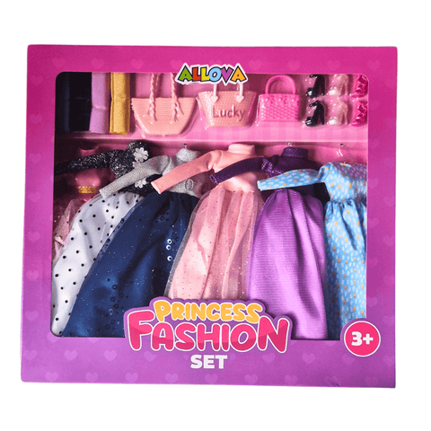 Princess fashion set with dresses, accessories, and handbags for imaginative play, suitable for children aged 3 and up.