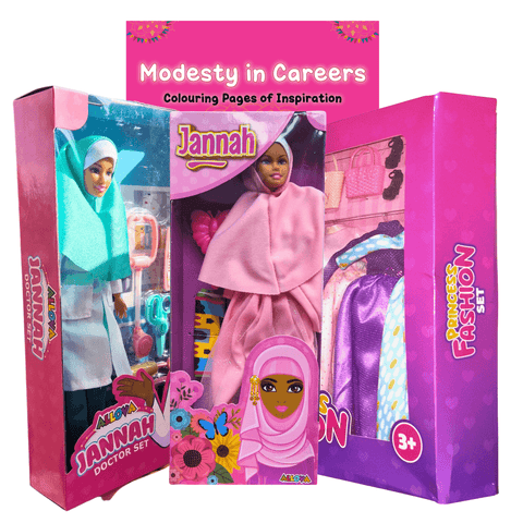 MEGA Muslim Doll Playset Bundle including modest fashion set, doctor set, and hijabi colouring book.