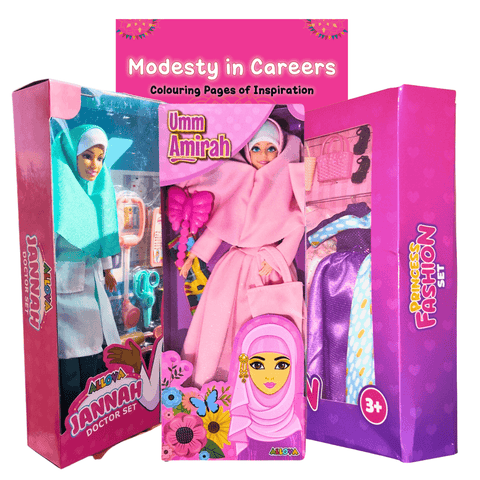 Muslim doll playset bundle featuring doctor set, modest fashion set, and hijabi coloring book for imaginative play.