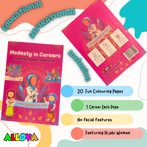 Modesty in Careers coloring book featuring hijabi women, 20 fun pages designed for children, educational and inclusive.
