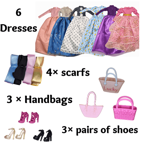 6 stylish dresses, 4 scarves, 3 handbags, and 3 pairs of shoes for doll play outfits.