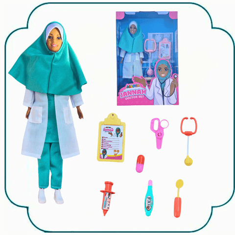Muslim doctor doll playset featuring a hijabi doctor with medical tools and accessories for creative play.