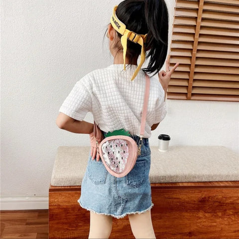 View details for Strawberry Mini Crossbody Bag / purse gift / present for girls Strawberry Mini Crossbody Bag / purse gift / present for girls - girl wearing blue bag