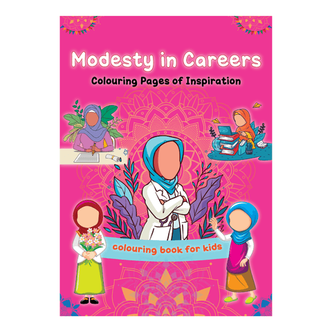 Modesty in Careers colouring book cover featuring hijabi characters for kids.